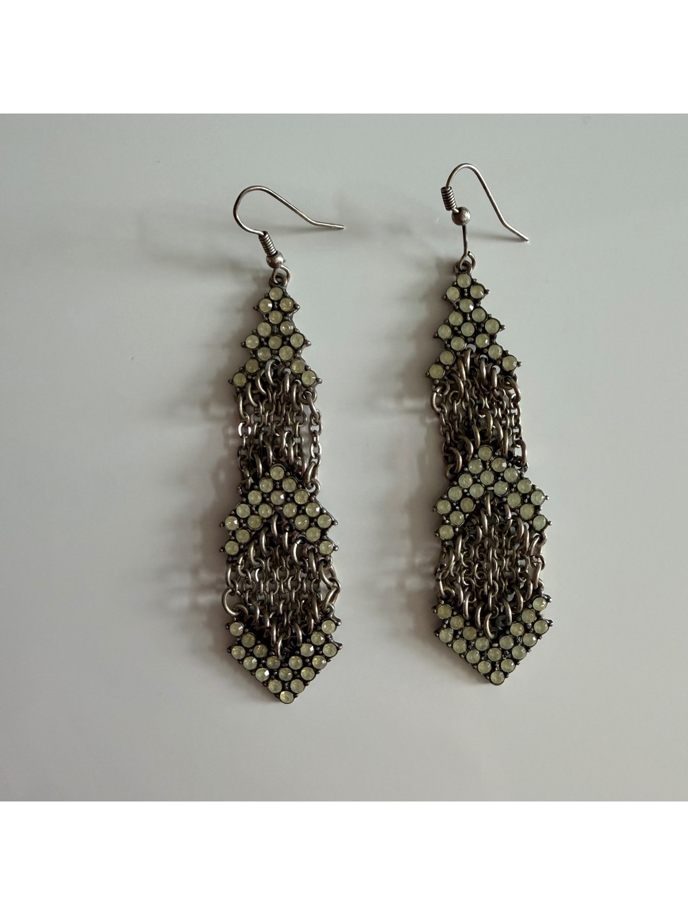 Vintage Silver-Tone Chain Drop Earrings with Pale Pistachio Colored Rhinestones